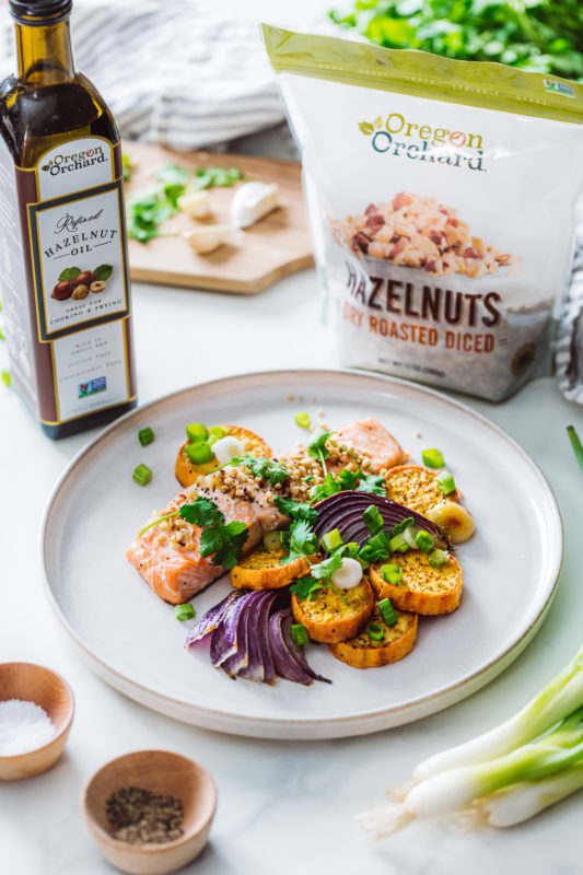 Citrus Baked Salmon and Sweet Potatoes with Hazelnuts, Scallions, and Cilantro